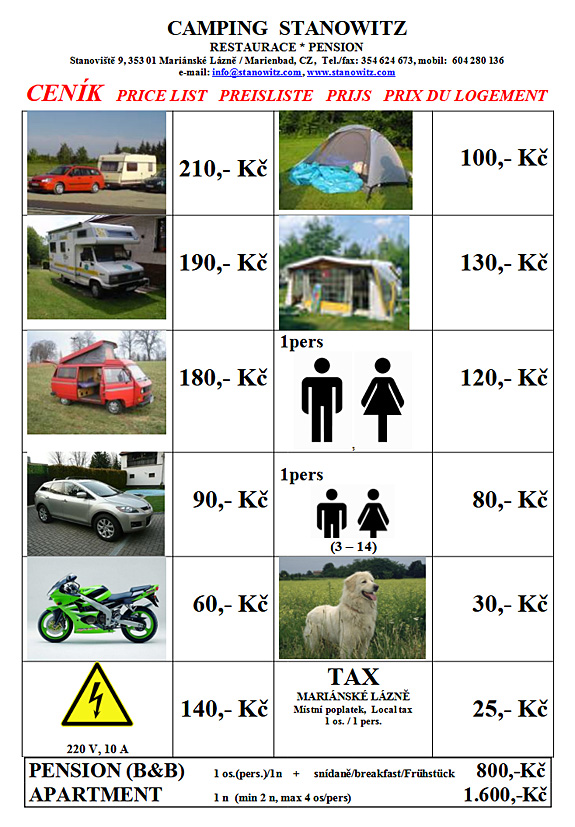 Prijslijst - Stanowitz | Stanoviště - camping, pension